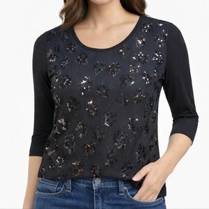 Ann Taylor LOFT Black Leopard Sequin Top Women’s Medium Scoop Neck 3/4 Sleeve
